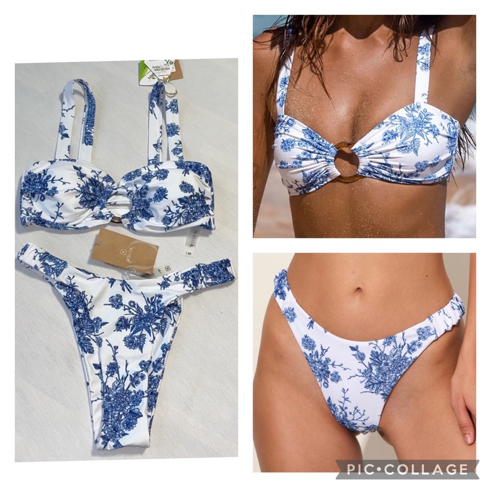 BERLOOK Ruched Cutout Floral Bikini Top & High Cut Floral Bikini Bottom Sz S